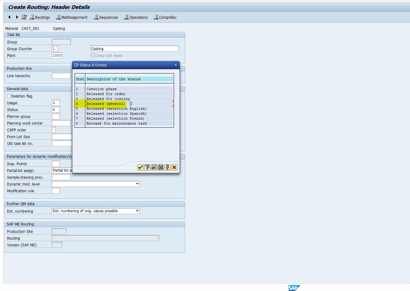 SAP PP Routing Status in Header Details