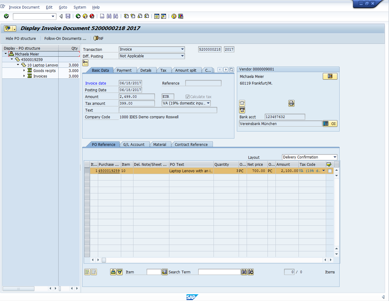 Visualización del documento de factura con la Estructura de PO en la Barra lateral Izquierda