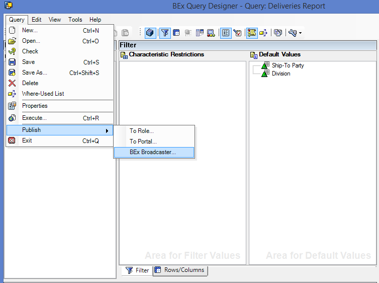 Accessing SAP BEx Broadcaster from Query Designer