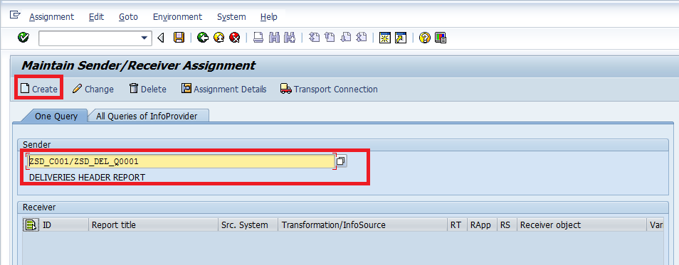 Selecting the Sender Query and Creating Sender/Receiver Assignment