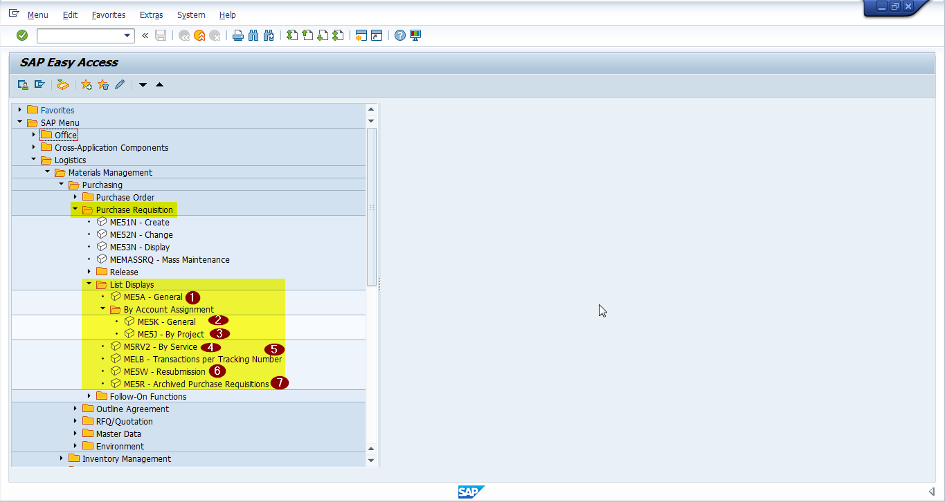 SAP Easy Access Menu for SAP Purchase Requisition Reports