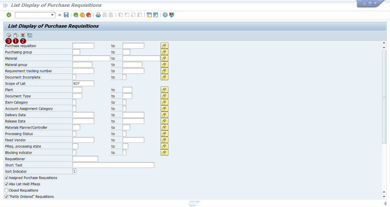 Selection screen of SAP Purchase Requisition Report