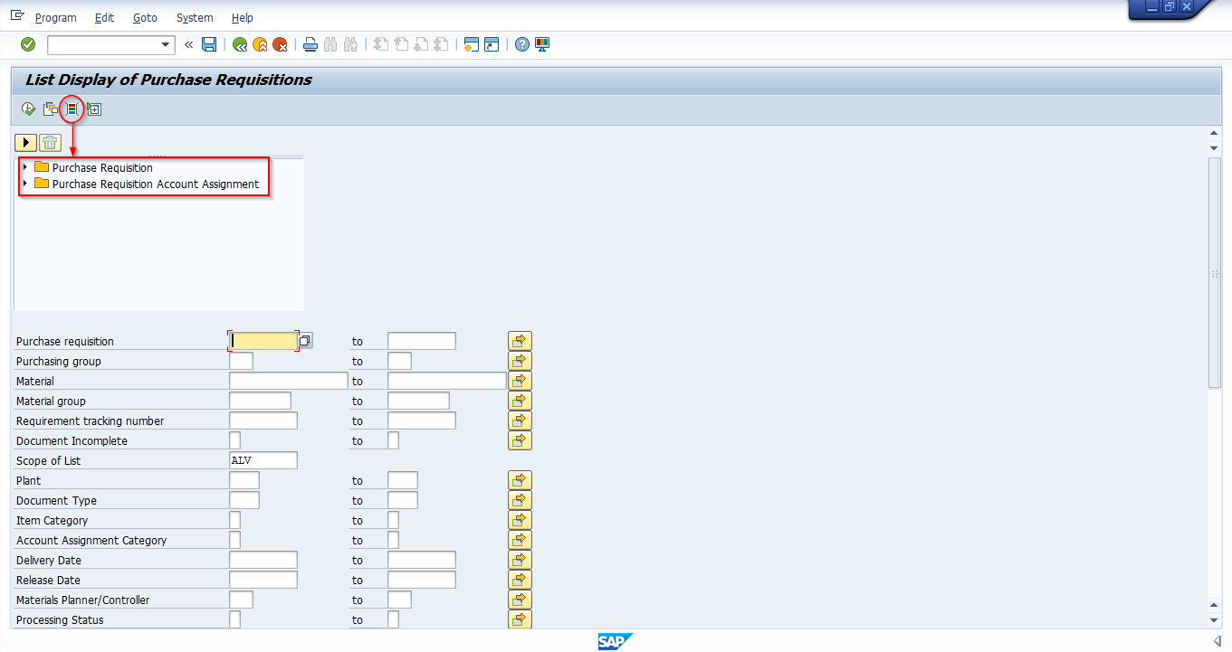 ME5A Input Selection Screen with Dynamic Selection