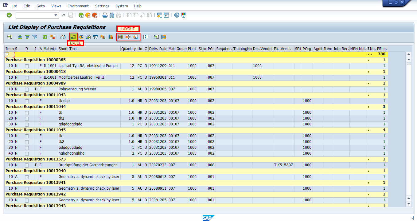 SAP Purchase Requisition Report Output / Results Screen