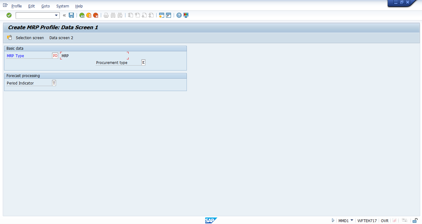 SAP MRP Profile Creation – Data Screen 1