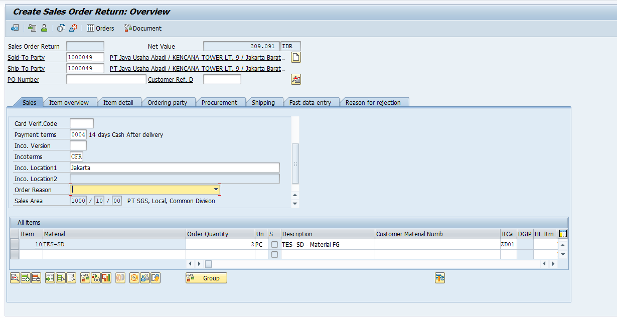 Create SAP SD Return Sales Order - Overview Screen