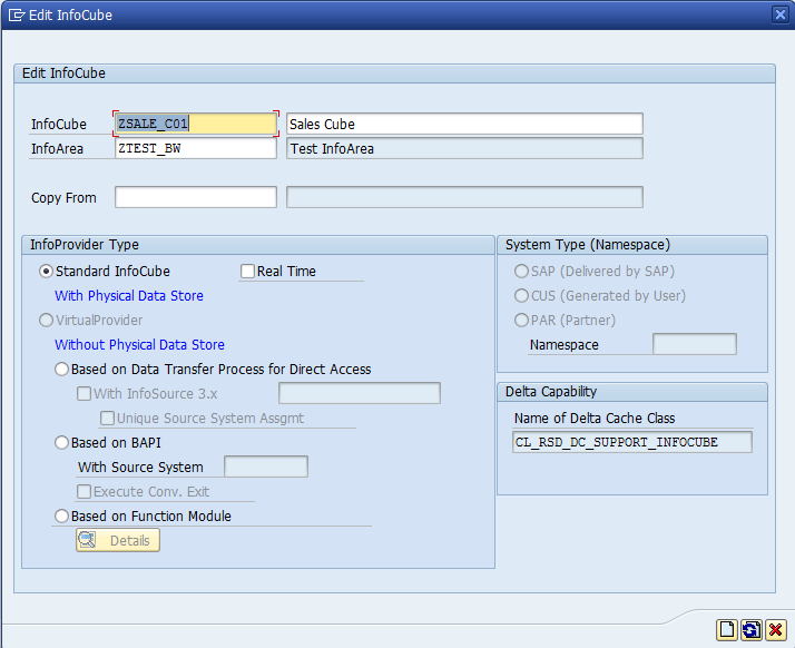 Entering Technical Name and Description for SAP BW InfoCube