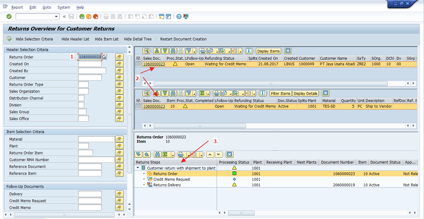 SAP Returns Process Overview Screen