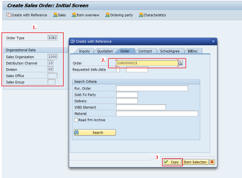 Input Sales Area, Enter Referenced Document, and Click Copy