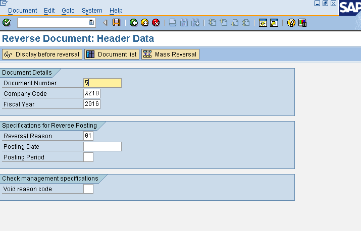 Initial Screen of FB08 Transaction